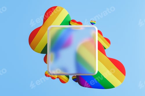 Preview: 3D rendering of rainbow hearts behind matte square
