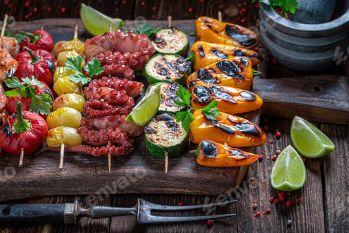 Preview: Hot roasted skewer served with fresh lime and coriander.