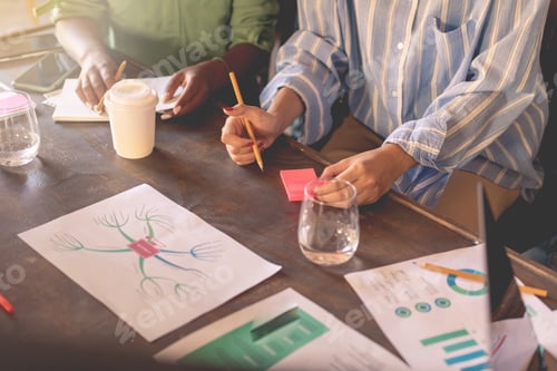 Preview: Businesswomen analyzing work documents with charts and graphs