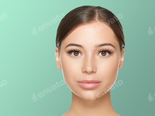 Preview: Beautiful freckles woman with healthy skin and hair long smooth brunette hairstyle concept on blue
