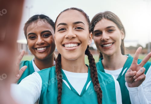 Preview: Sports women, team selfie and peace sign on field for memory, competition and portrait for fitness.