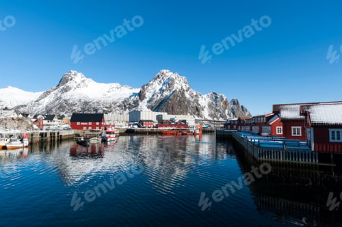 Preview: Waterfront houses and snow capped mountains, Svolvaer, Lofoten Islands, Norway