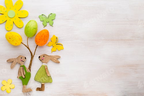 Preview: Spring and Easter decor. Wooden symbols bunny, flowers and butterflies.