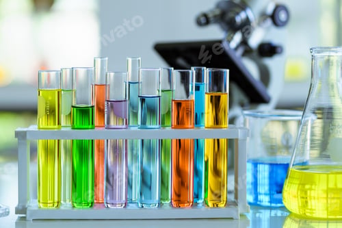 Preview: Multi color liquid test tubes on the table in Laboratory, Equipment chemical