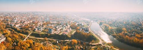 Preview: Grodno, Belarus. Aerial Bird's-eye View Of Hrodna Cityscape Skyline. Famous Popular Historic