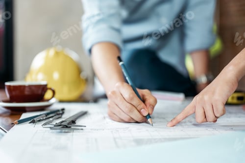 Preview: Architect engineer office concept. Architecture engineering plan. Construction plans.