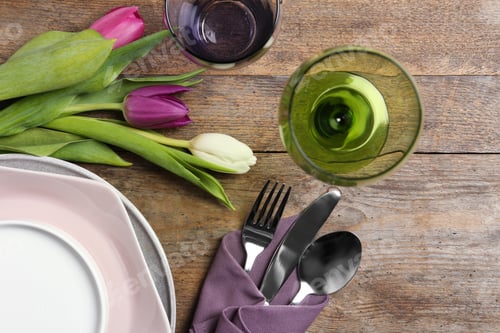 Preview: Stylish elegant table setting on wooden background, top view