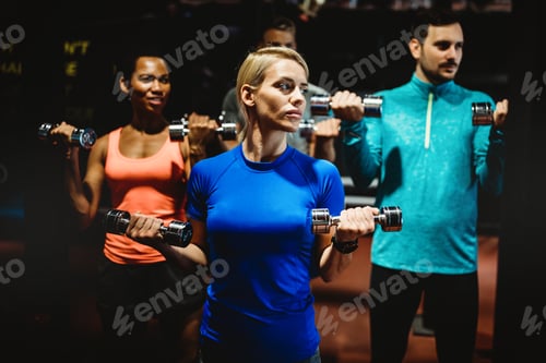 Preview: Group of fit people in gym training. Multiracial group of friends working out together