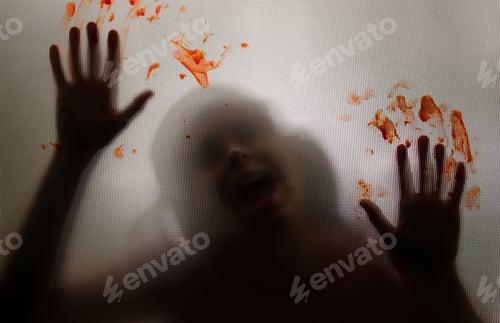 Preview: Shadowy figure, child with blooded hands behind glass - horror background