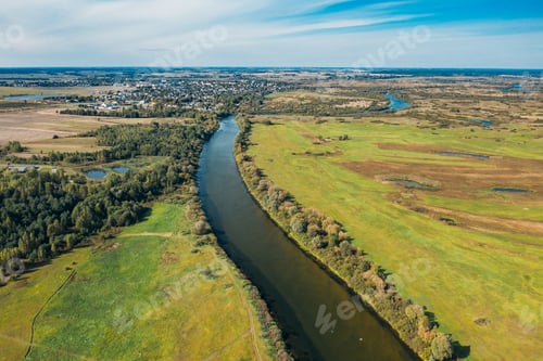 Preview: Chachersk, Belarus. Aerial View Green Meadows And Sozh River Landscape In Sunny Summer Day. Top View