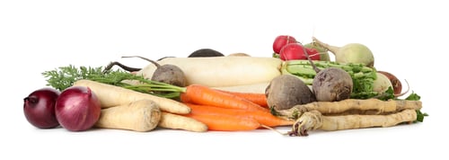 Preview: Many different root vegetables isolated on white