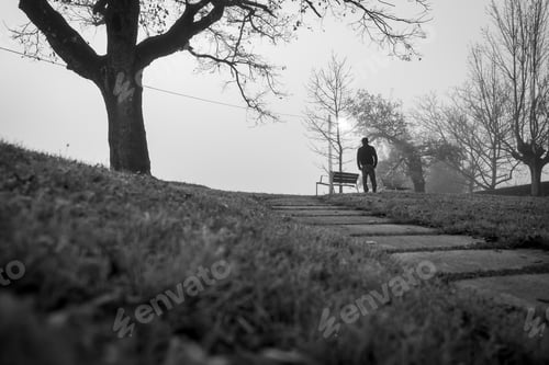 Preview: Blur photo of a man in park alone with empty bench and leafless tree. Back view of a lonely man