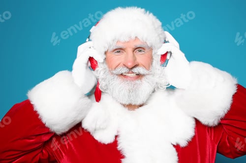 Preview: Santa Claus listening to Christmas music on color background