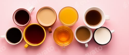 Preview: Mugs glasses with various traditional drinks coffee tea juice on pink background. Flat layout top