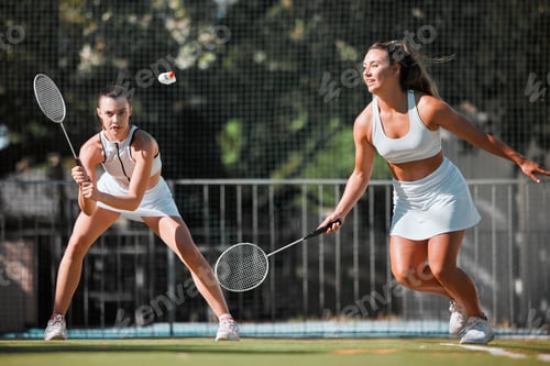 Preview: Fitness, team and women with tennis on tennis court, athlete playing game with focus and sport work