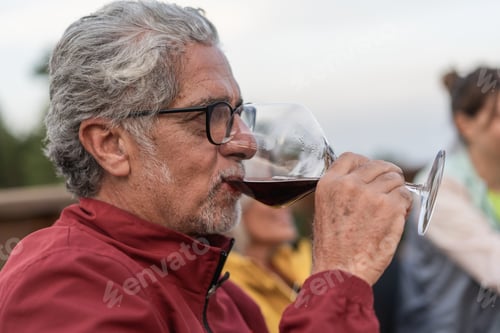 Preview: Senior man with glasses tasting red wine during outdoor social gathering