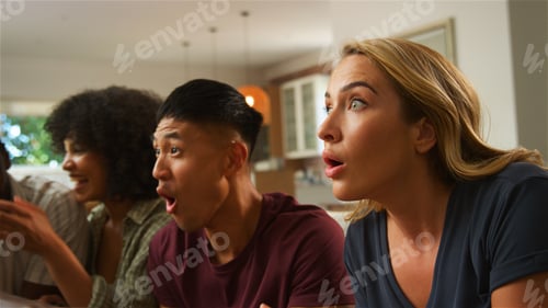 Preview: Friends Reacting With Surprise During an Exciting Game Night at Home in the Evening