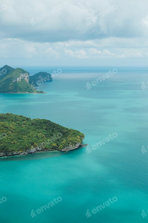 Preview: aerial view of turquoise ocean with islands at Ang Thong National Park, Ko Samui, Thailand