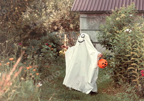 Preview: Halloween.Kid dressed as ghost children costume smile ghost pumpkin sunny nature or village outside