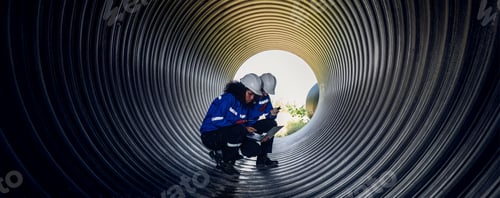 Preview: Industry Engineers Walking Inside Circular water Pipe.