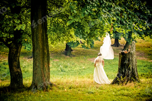 Preview: beautiful bride with large veil and classic dress near the old tree
