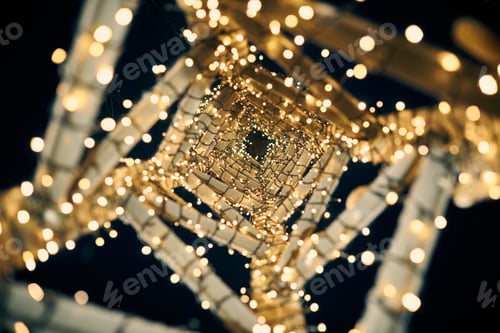 Preview: Yellow Christmas garlands on decorative tower bottom view, street city decor with xmas yellow bulbs