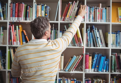 Preview: Rear view of school teacher selecting book in library