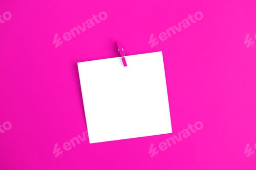 Preview: sticker with empty mockup for your text hanging on the pin on pink background. Copy space for text