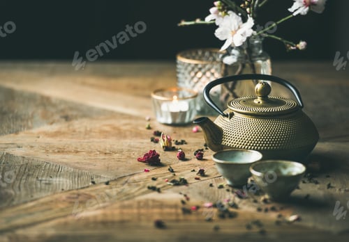 Preview: Traditional Asian tea ceremony arrangement over wooden background, copy space