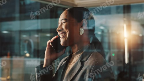 Preview: Phone call, night and woman in office, smile and communication with contact, glass and business dea
