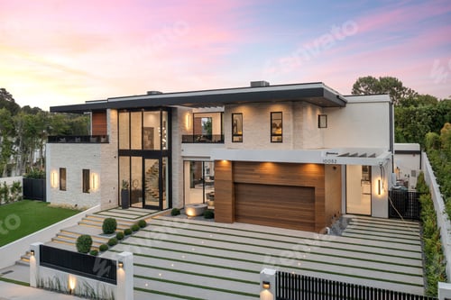 Preview: Modern luxury home exterior at sunset