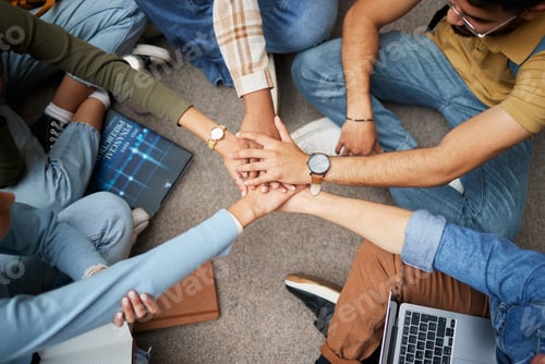 Preview: Teamwork, hands and group of students in university for collaboration, unity or motivation. Support