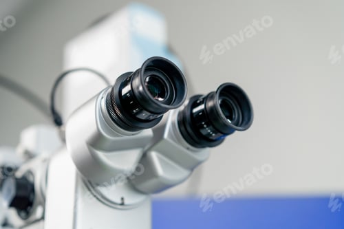 Preview: close-up in ophthalmology clinic microscopic lenses peephole for collecting information examination