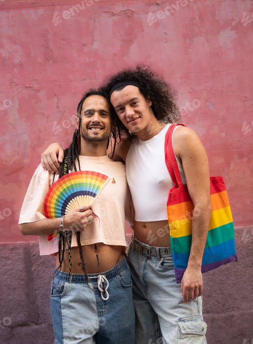 Preview: Gay young couple happy and proud for being together and to belong lgbt community