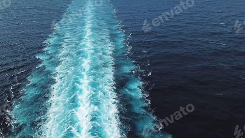 Preview: Aerial top view of a beautiful rail on the sea or ocean surface behind of speed cruise liner. Stock