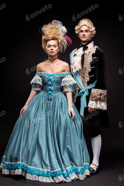 Preview: handsome victorian man and woman in wigs standing on black