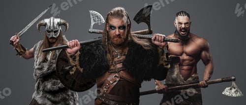 Preview: Furious vikings from past isolated on grey background