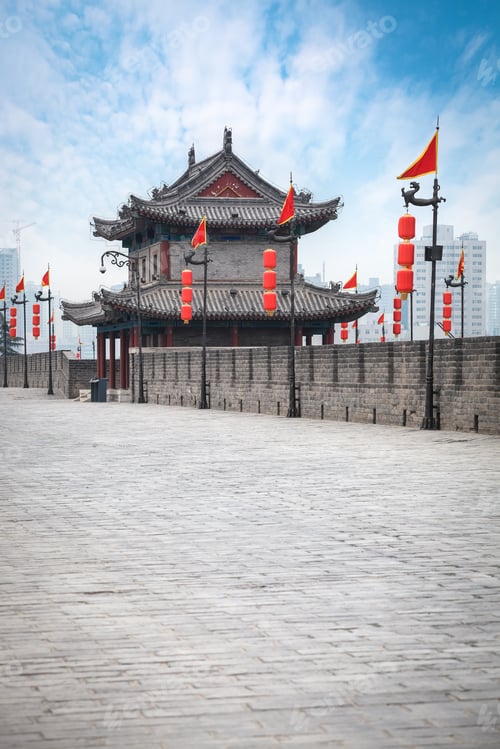 Preview: ancient tower on city wall in xian