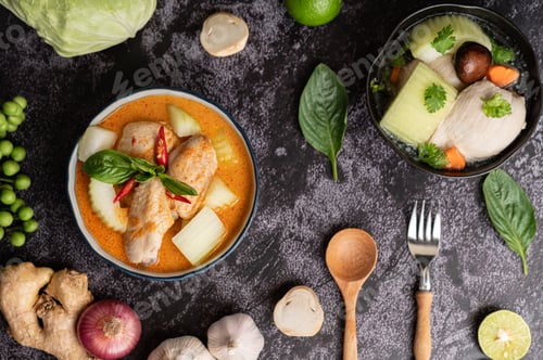 Preview: Chicken curry with winter melon, with mushroom, garlic, chilli and basil.