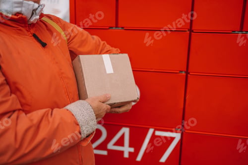 Preview: Post automat terminal and hand with parcel