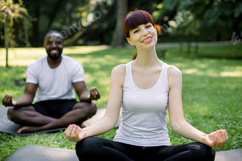 Preview: Front view of multiethnical couple practicing yoga in the park.