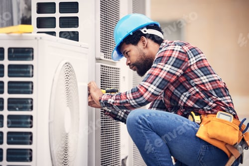 Preview: Black man, electrician and maintenance on air conditioner with engineering and handyman working wit