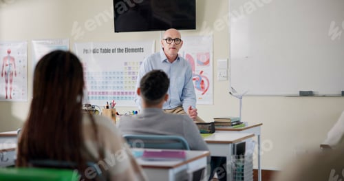 Preview: Classroom, teacher and presentation in high school, biology and lesson for learning or development.