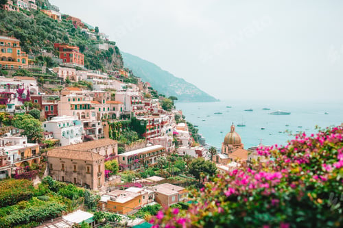 Preview: View of the town of Positano with flowers