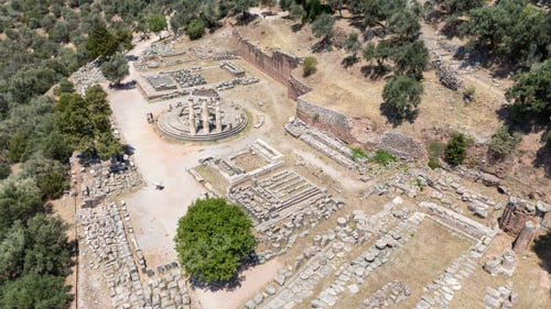 Preview: Aerial bird's eye view photo taken by drone of archaeological site of ancient Delphi.