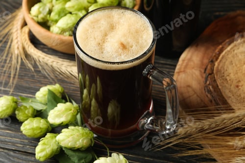 Preview: Beer, hop and wheat on wooden table