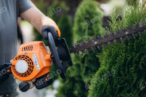 Preview: Trimming Time. Gardener with His Gasoline Hedge Trimmer in Action.