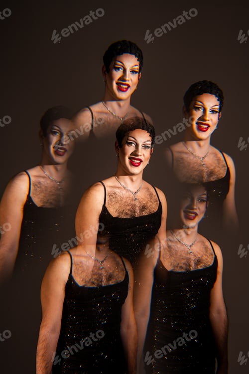 Preview: Smiling Drag Queen Portrait Surrounded by Optical Twins in a Creative Studio Setting