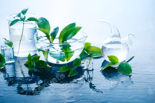 Preview: Medical plants in laboratory glassware header. Perfume and cosmetics natural concept with copy space
