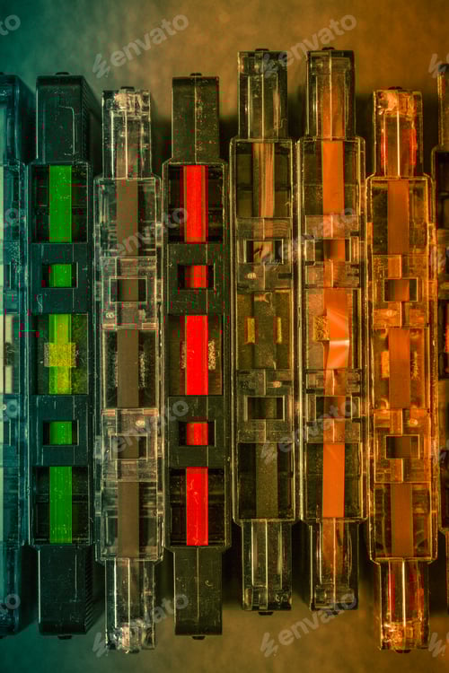 Preview: Vintage stack of audio cassettes on wooden table